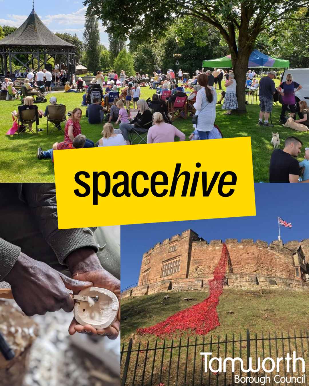 Picture with people and Tamworth castle, with Spacehive and Tamworth Borough Council logo