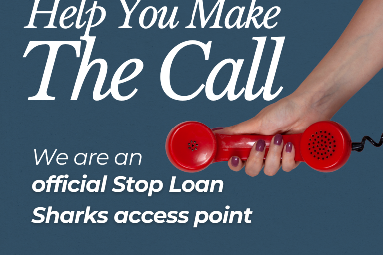 poster with grey background and persons arm holding a red telephone receiver/handset