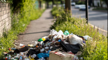 image of rubbish on the ground by a path, road and grass verges