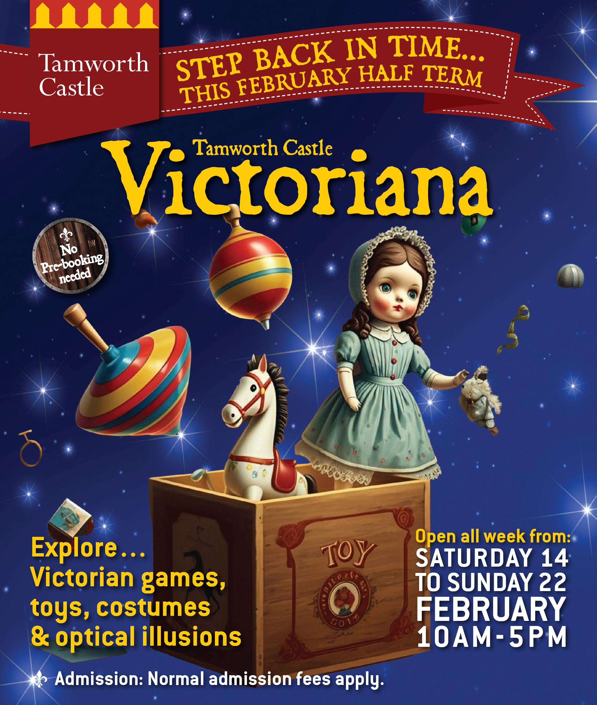 poster with blue background with Victorian toys