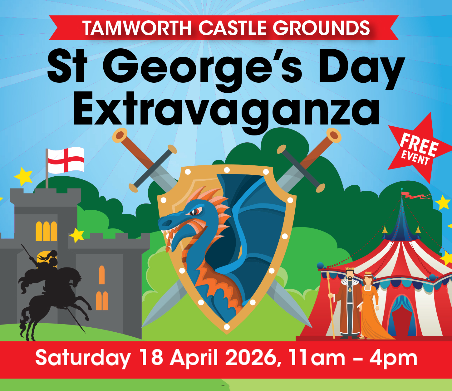 poster showing a shield, castle, black knight on a horse and a red and white stripped tent