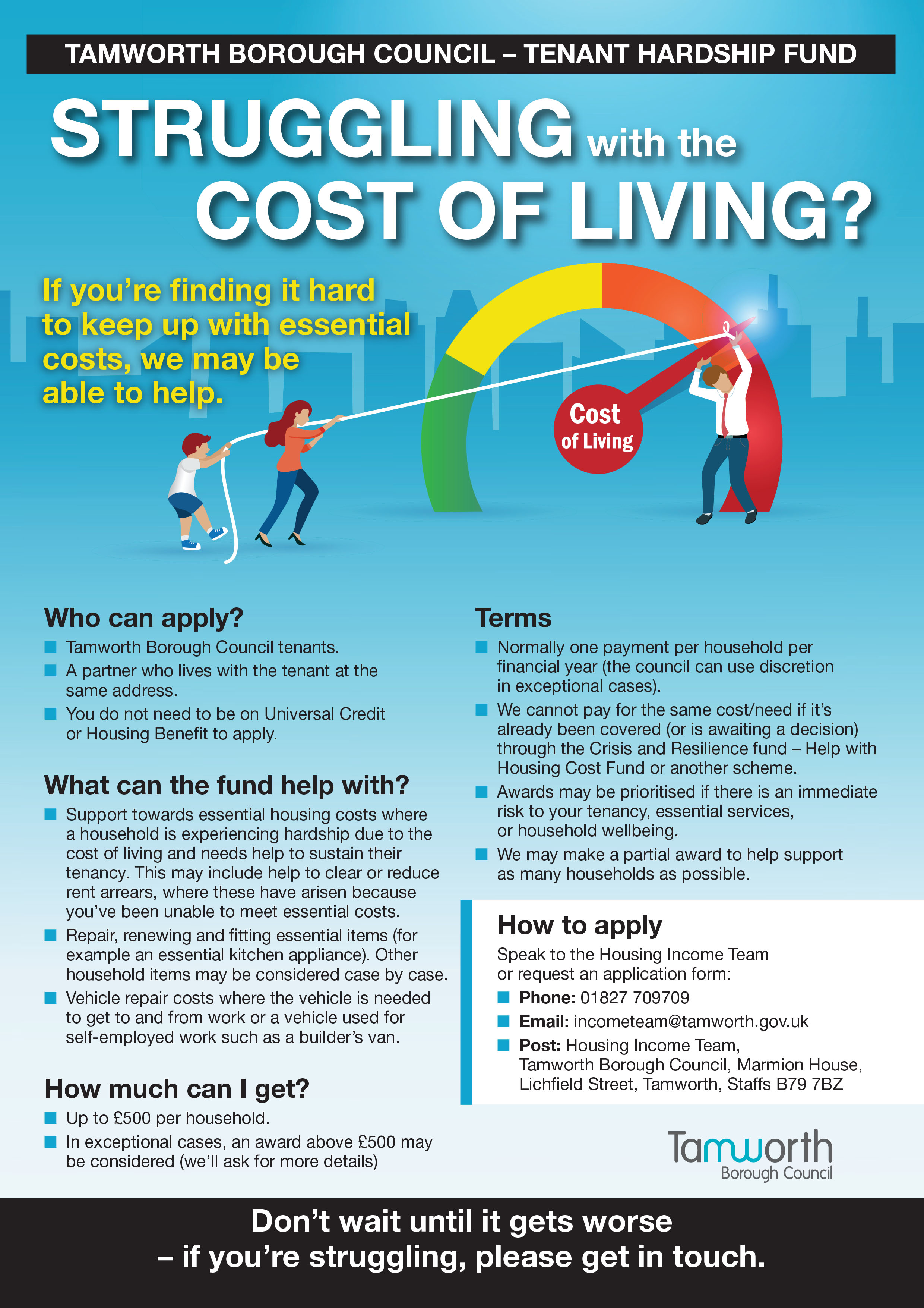 poster with blue background and detailing cost of living support