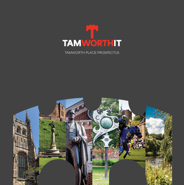 Tamworth landmarks at the bottom of the image with a Tamworthit red and white logo above