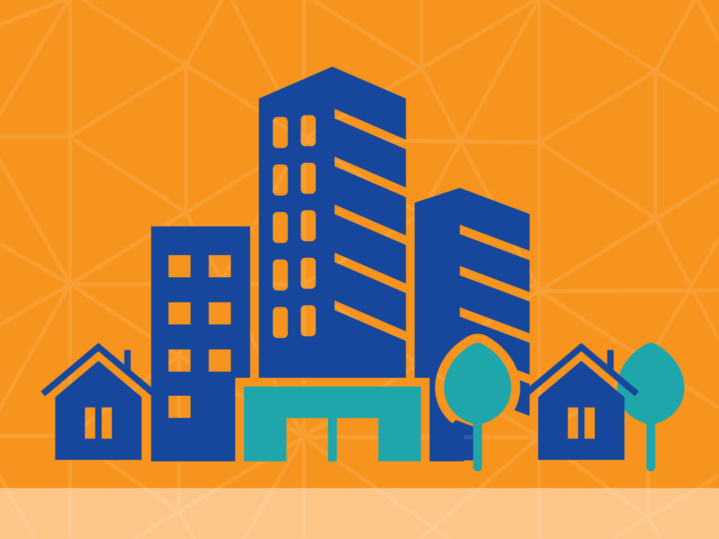 Graphic image of a town centre with buildings, houses and trees on an orange background