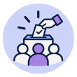 purple icon with a hand putting paper in a ballot box
