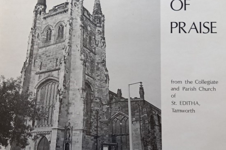 black and white record album cover from Songs of Praise with a photo of St Editha's church