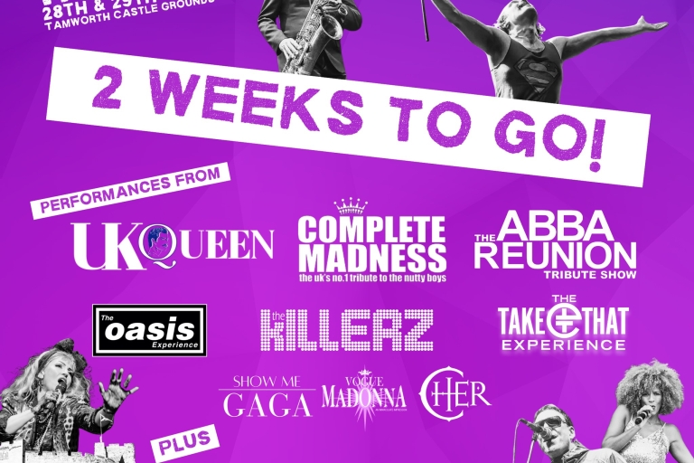 purple background poster with 2 weeks to go text and acts listed for Tamworth Tribute Festival