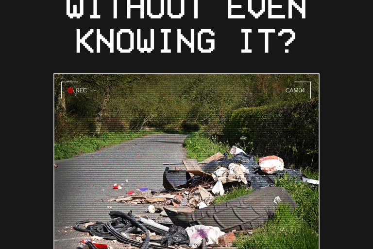 Pile of fly-tipped rubbish on a country road. Text: ‘Could you be fly-tipping without even knowing it?