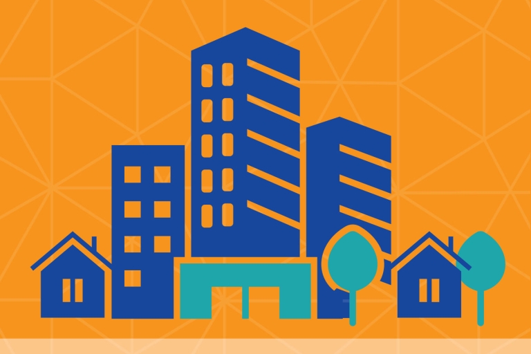 Graphic image of a town centre with buildings, houses and trees on an orange background