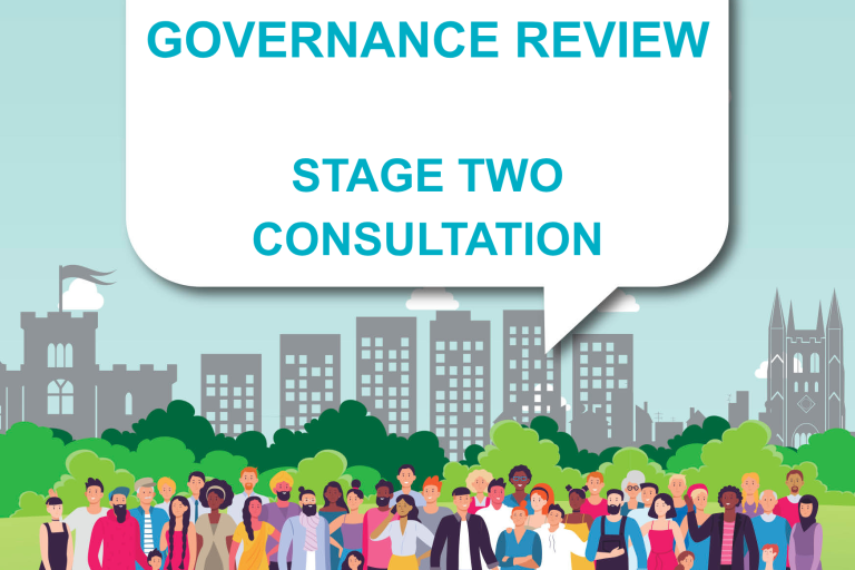 Community governance review graphic with lots of people at the bottom and a big speech bubble above them