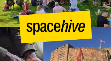Picture with people and Tamworth castle, with Spacehive and Tamworth Borough Council logo