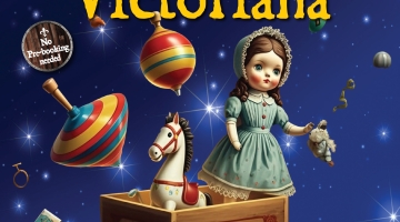 poster with blue background with Victorian toys