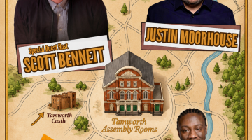 poster with beige background and 3 images of male comedians