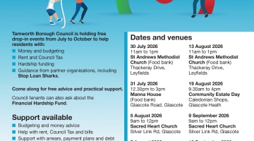 blue poster with drawings of 3 people and a list of dates and event times