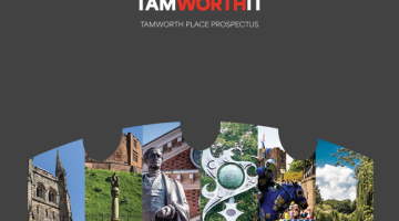 Tamworth landmarks at the bottom of the image with a Tamworthit red and white logo above